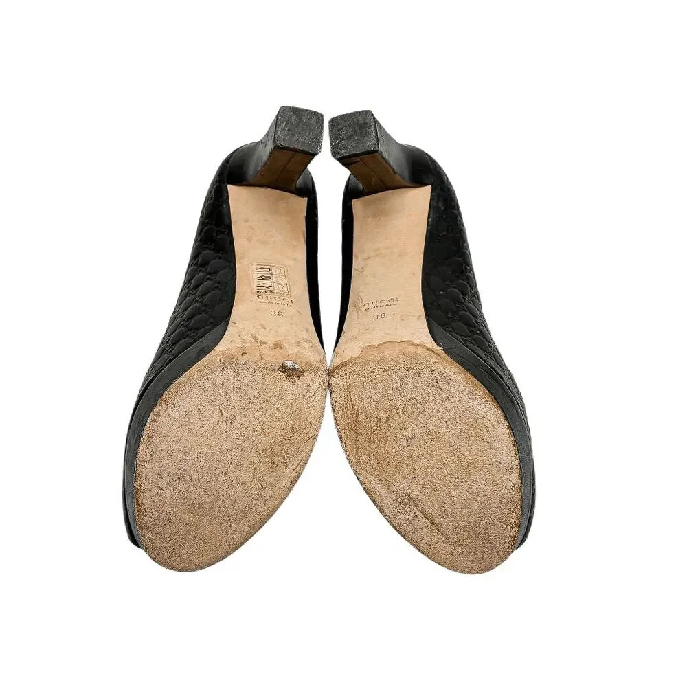 Gucci Microguccissima Black Peep Toe Pumps 38 Block High Heel GG Logo Leather - Picture 11 of 12